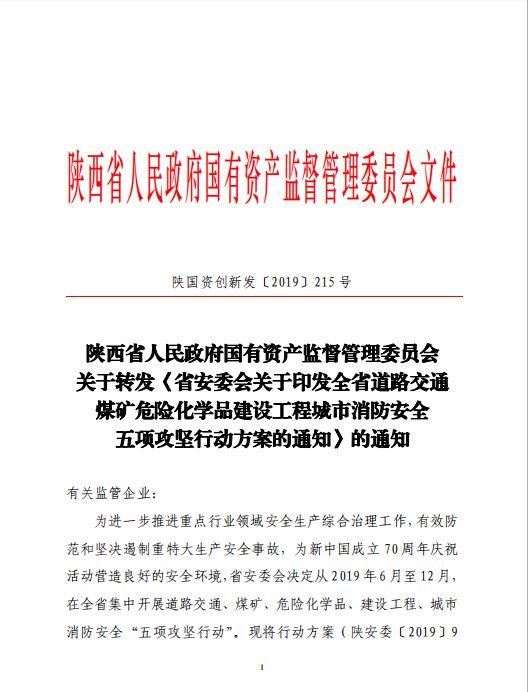 陕西省人民政府国有资产监视治理委员会关于转发《省安委会关于印发全省交通煤矿化学品建设工程都会消防清静五项攻坚行动方案的通知》的通知-bevictor伟德官网